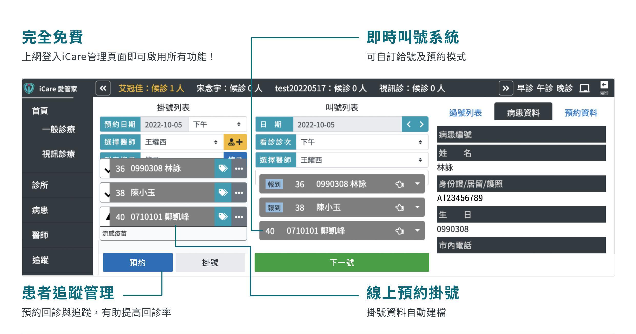iCare管理系統的介面介紹-預約掛號、叫號系統、病患追蹤